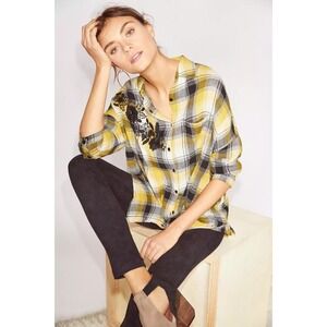 Maeve Womens Plaid Embroidered Button Up Shirt Size M Boho Casual Oversized